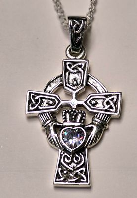 Claddagh Silver Celtic Cross Trinity Knot Crystal Pendant