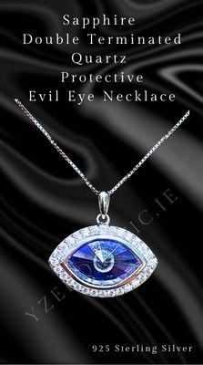 Evil Eye Blue 925 Sterling Silver Pendant Sapphire Crystal in Double Terminated Clear Rock Quartz Crystal Necklace Talisman 