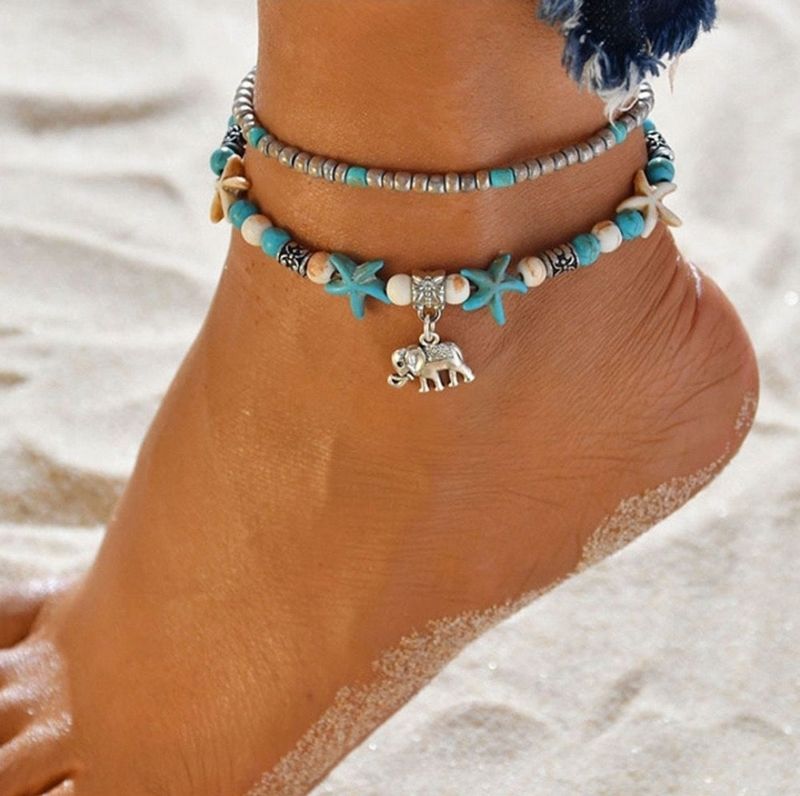 Anklet - Turquoise Blue Starfish Silver Heart Double Layer