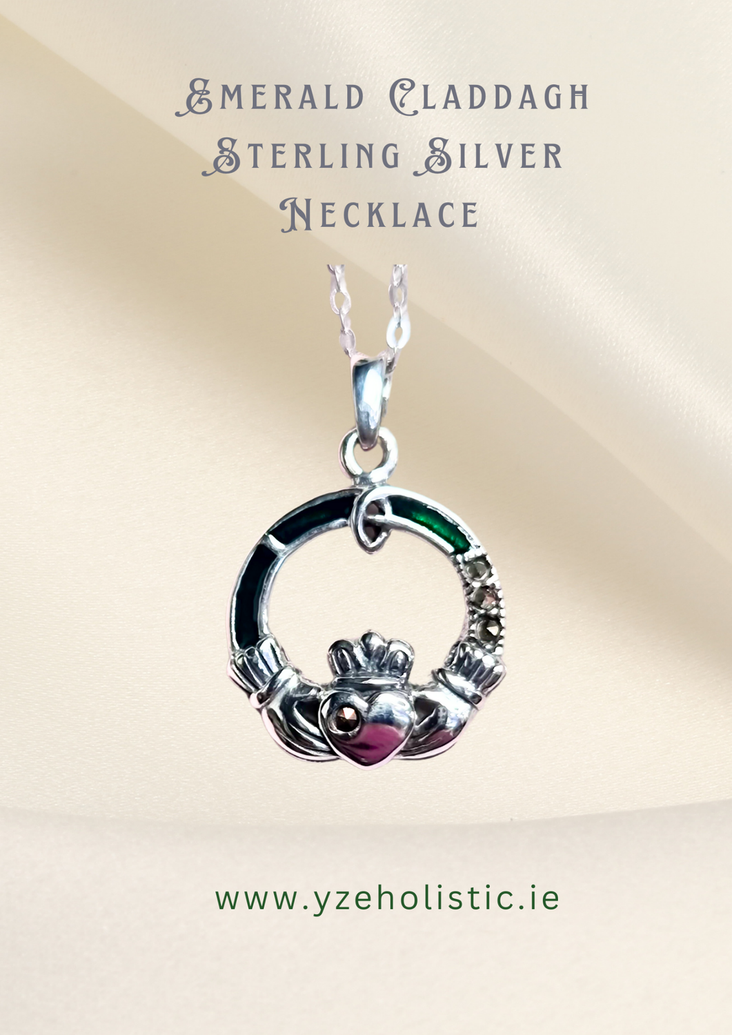 Sterling Silver Emerald Claddagh Celtic Heart Circle Pendant Necklace 