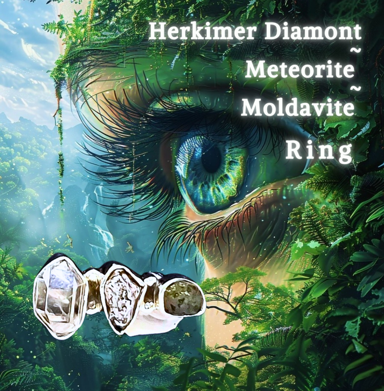 Meteorite Campo Del Cielo Moldavite Crystal Herkimer Diamond Ring