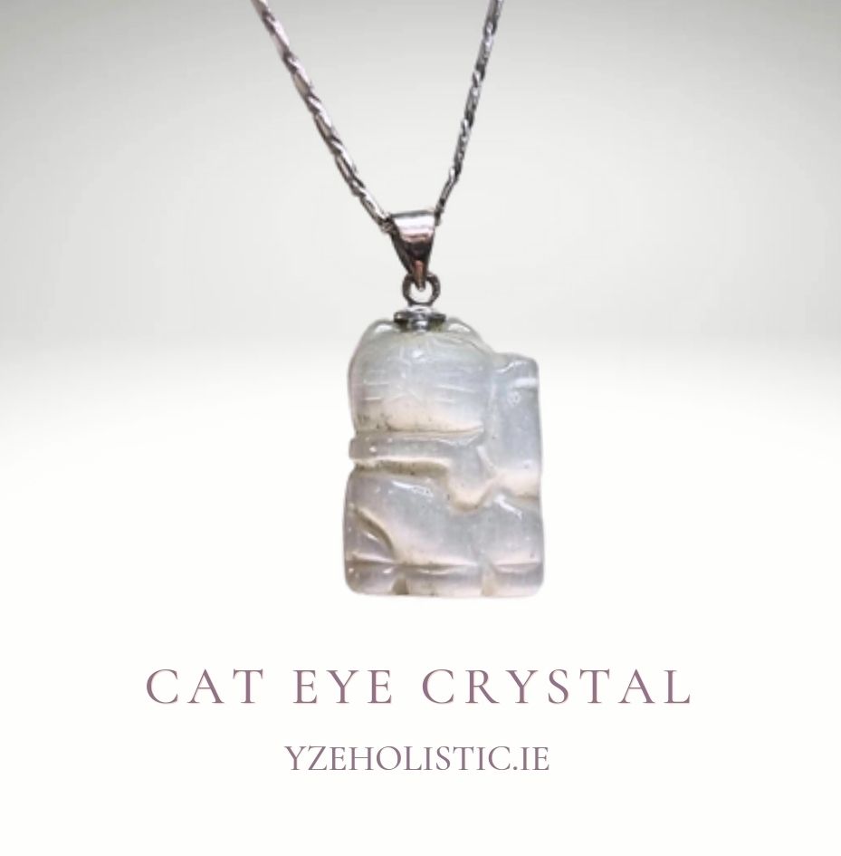 Cat Eye Crystal Pendant Necklace Cat Carving Shape White &quot;Safe Zone&quot;