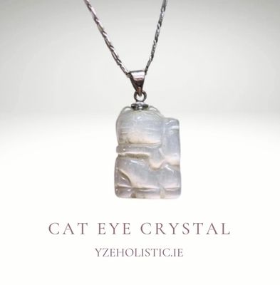 Cat Eye Crystal Pendant Necklace Cat Carving Shape White &quot;Safe Zone&quot;