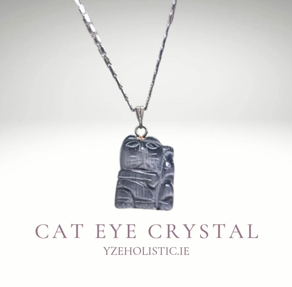 Cat Eye Crystal Pendant Necklace Cat Shape Carving Grey Natural Stone &quot;Safe Zone&quot;