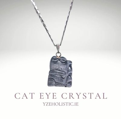 Cat Eye Crystal Pendant Necklace Cat Shape Carving Grey Natural Stone &quot;Safe Zone&quot;