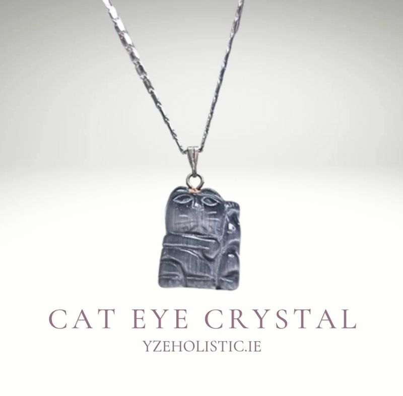 Cat Eye Crystal Pendant Necklace Cat Shape Carving Grey Natural Stone &quot;Safe Zone&quot;