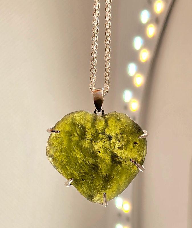 Moldavite Heart Shape Crystal Amulet Necklace Pendant Talisman 925 Sterling Silver 