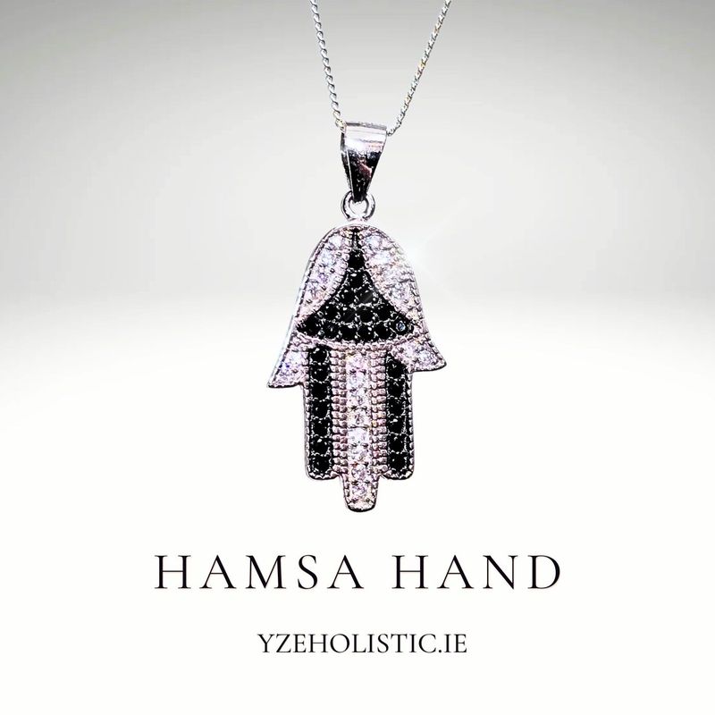 Hamsa Black Obsidian 925 Sterling Silver Hand Pendant Necklace Jewellery