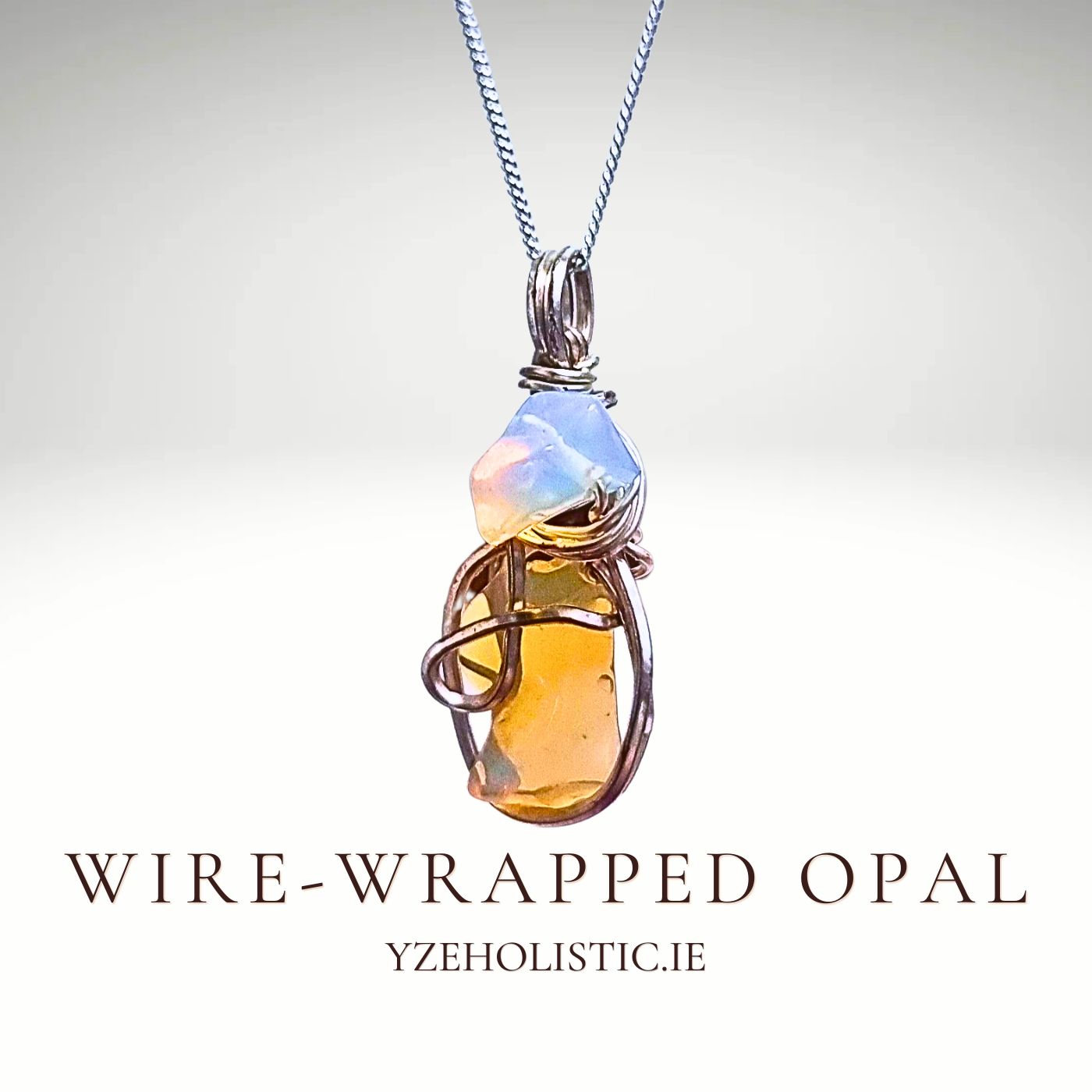 Opal Natural Stone Raw Silver Wire-Wrapped Pendant Necklace