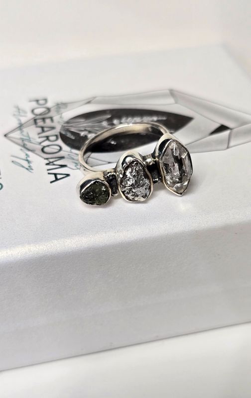 Meteorite Campo Del Cielo Moldavite Crystal Herkimer Diamond Ring