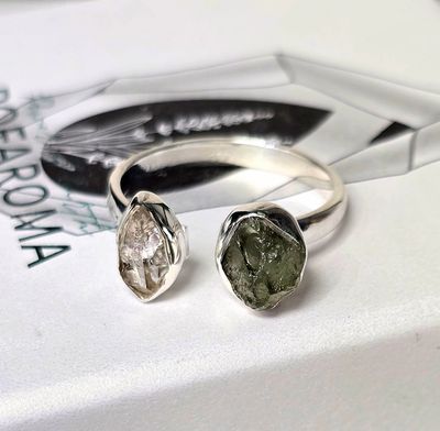 Moldavite with Herkimer Diamond Crystal Ring 925 Sterling Silver 