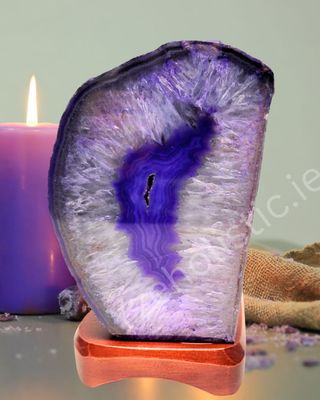 Agate Geode Lamp Crystal Cut Wooden Base Lamp Complete - Purple XL
