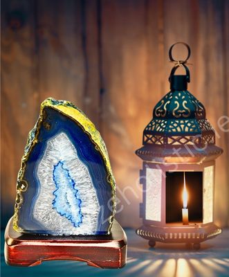 Blue Lace Agate Geode Lamp Crystal Cut Base Lamp Complete Blue XL