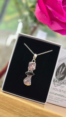 Rough Rose Quartz and Natural Garnet 925 Sterling Silver Necklace Love &amp; Care Collection