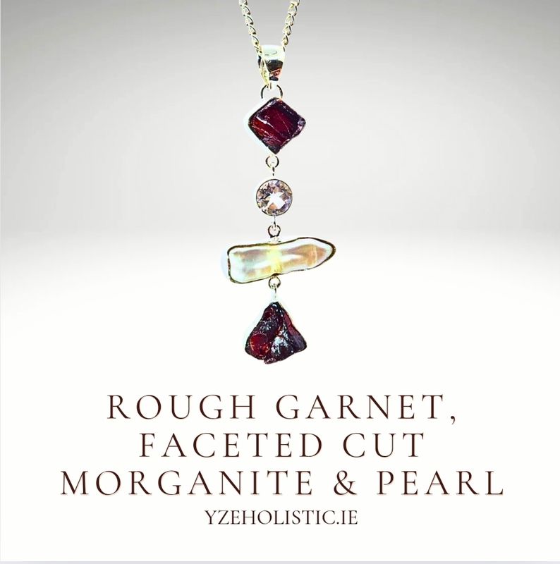 Rough Garnet, Faced Cut Morganite &amp; Pearl Natural Stone Crystal 925 Sterling Silver Pendant Necklace 