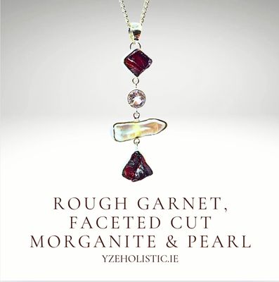 Rough Garnet, Faced Cut Morganite &amp; Pearl Natural Stone Crystal 925 Sterling Silver Pendant Necklace 