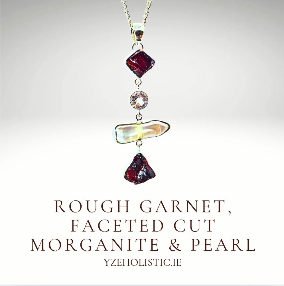 Rough Garnet, Faced Cut Morganite &amp; Pearl Natural Stone Crystal 925 Sterling Silver Pendant Necklace 