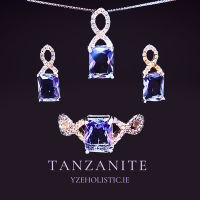 Tanzanite Genuine Crystal 925 Sterling Silver Jewellery Ring &amp; Pendant Necklace &amp; Earrings Set