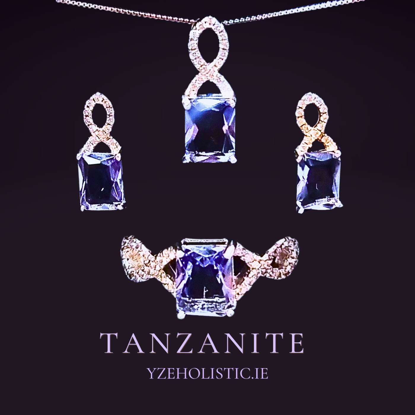 Tanzanite Genuine Crystal 925 Sterling Silver Jewellery Ring &amp; Pendant Necklace &amp; Earrings Set