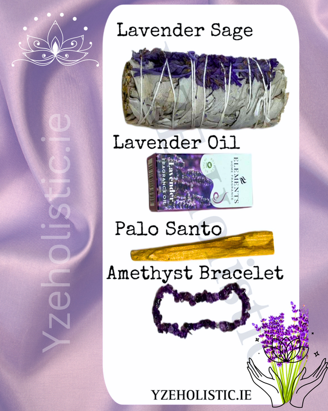 SMUDGING GIFT SET "LAVENDER KNOCKOUT BLISS" - SELF CALMING CLEANSING HOLISTIC INCENSE JEWELLERY CRYSTAL ESSENTIAL OIL KIT