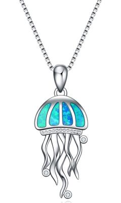 Jellyfish Blue Silver Necklace Ocean Theme Pendant Silver Gift