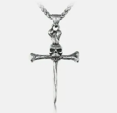 Gothic Cross Skull Punk Rock Style Silver Skeleton Skull Pendant Necklace Titanium Steel 