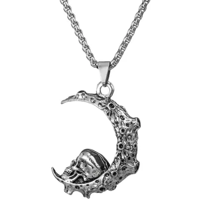 Gothic Crescent Skull Moon Solid Titanium Steel Pendant Silver Necklace