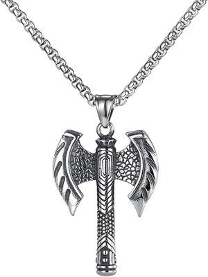 Carved Viking Axe Titanium Steel Silver Pendant Necklace