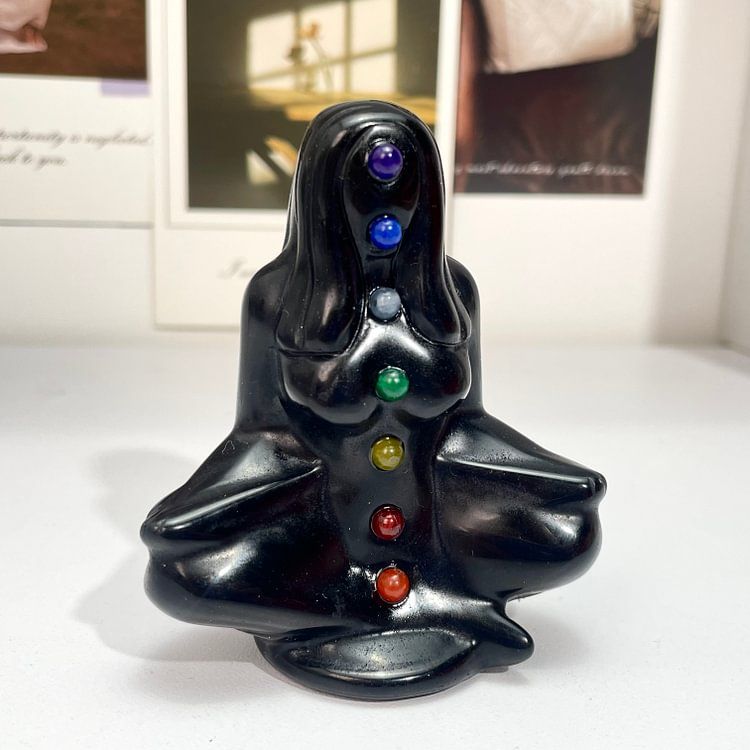 Seven Chakra Black Obsidian Natural Stone Carving Woman  Yoga Chakra Ornament 