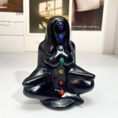 Seven Chakra Black Obsidian Natural Stone Carving Woman  Yoga Chakra Ornament 