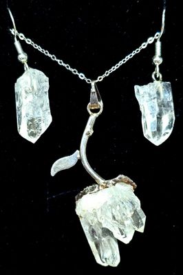 Clear Quartz Cluster Flower Pendant Points Sterling Silver Jewellery Set ( Necklace and Earrings )