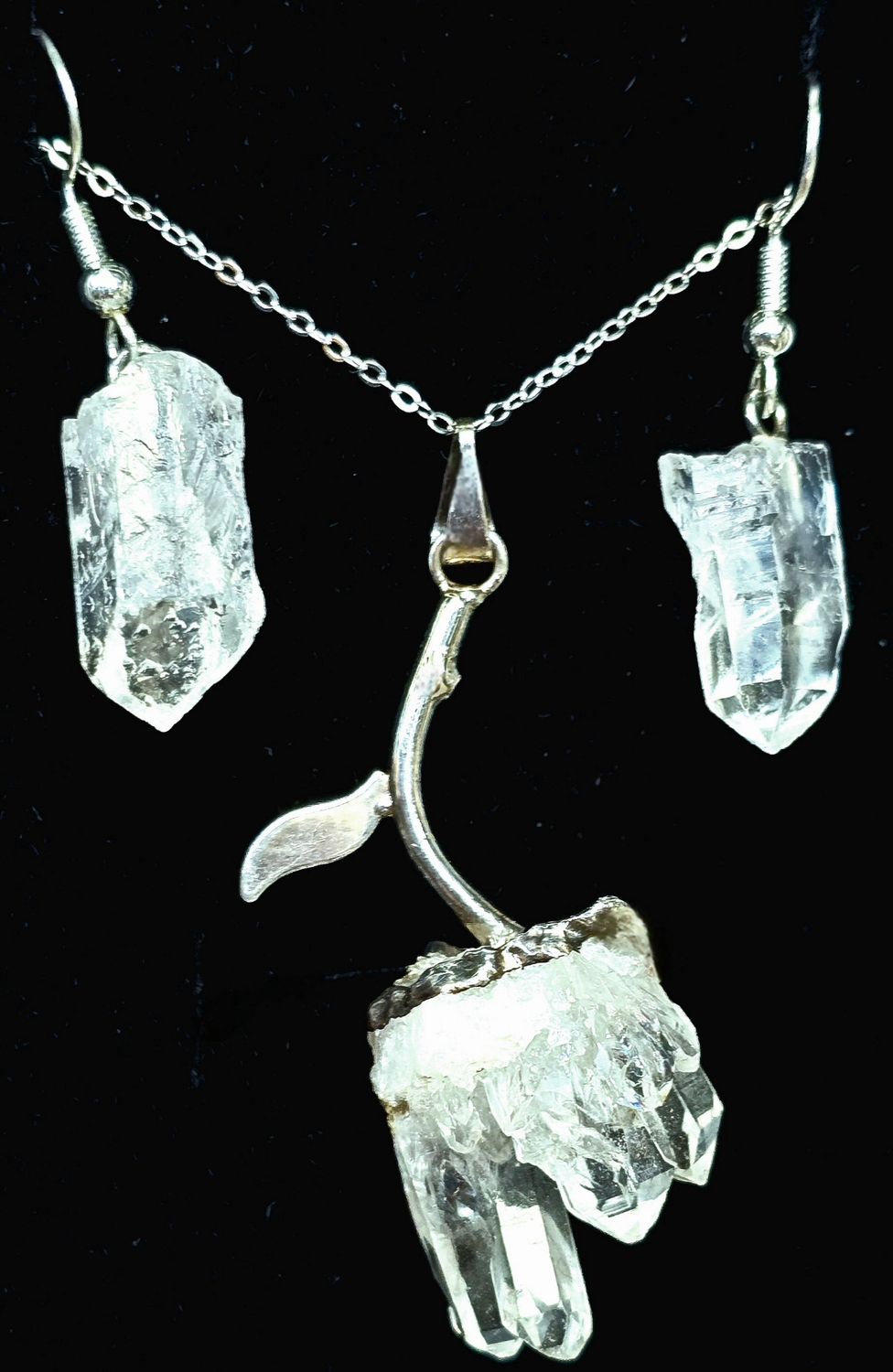 Clear Quartz Cluster Flower Pendant Points Sterling Silver Jewellery Set ( Necklace and Earrings )