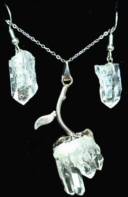 Clear Quartz Cluster Flower Pendant Points Sterling Silver Jewellery Set ( Necklace and Earrings )