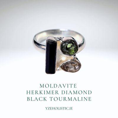 Moldavite  Herkimer Diamond Black Tourmaline Ring 