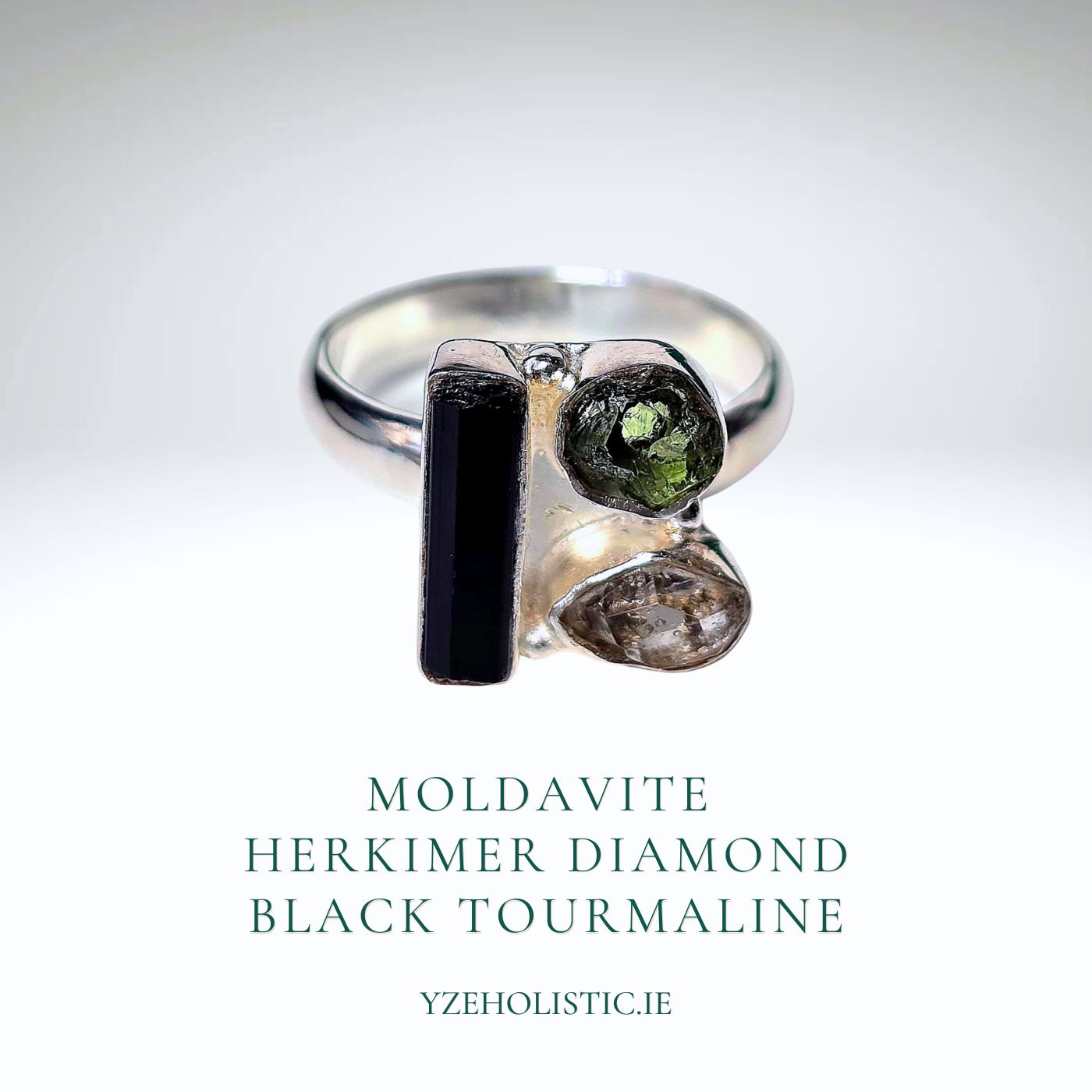 Moldavite  Herkimer Diamond Black Tourmaline Ring 