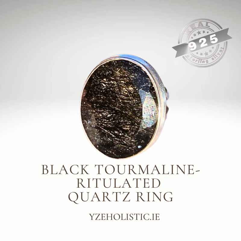 Black Tourmalinated Ritulated Quartz 925 Sterling Silver Ring 