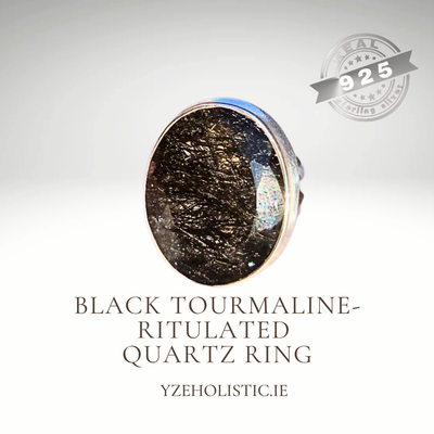 Black Tourmalinated Ritulated Quartz 925 Sterling Silver Ring 
