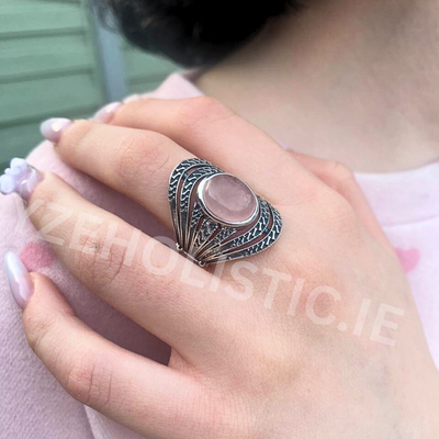 Rose Quartz Ring Natural Stone 925 Sterling Silver Crystal