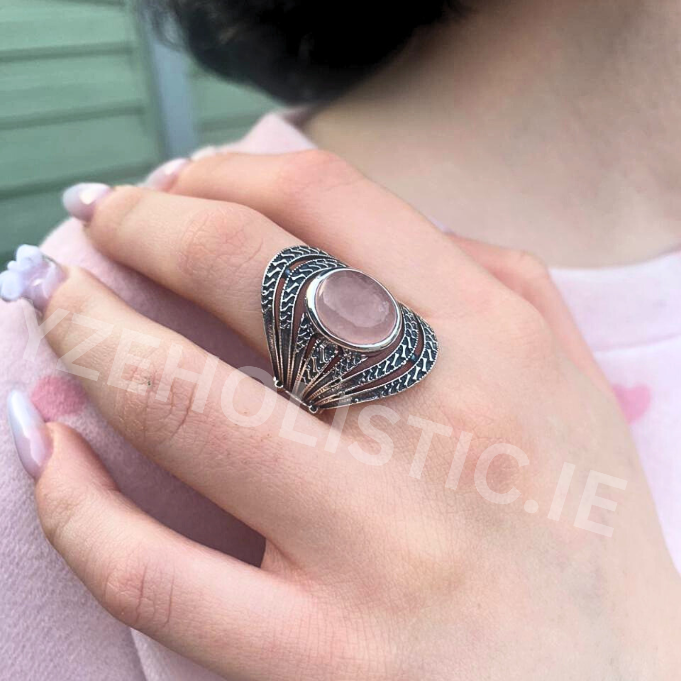 Rose Quartz Ring Natural Stone 925 Sterling Silver Crystal