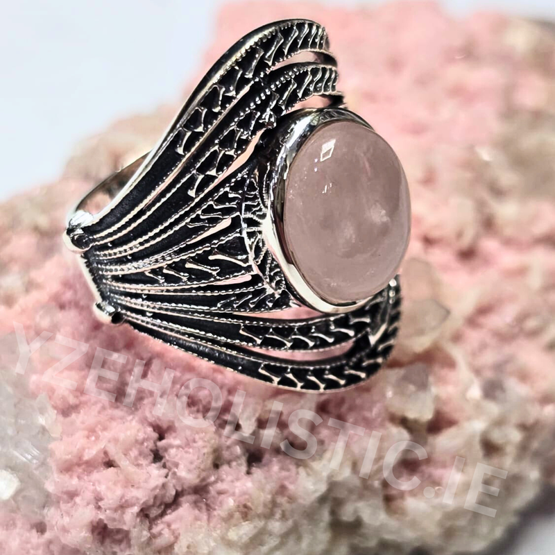 Rose Quartz Ring Natural Stone 925 Sterling Silver Crystal