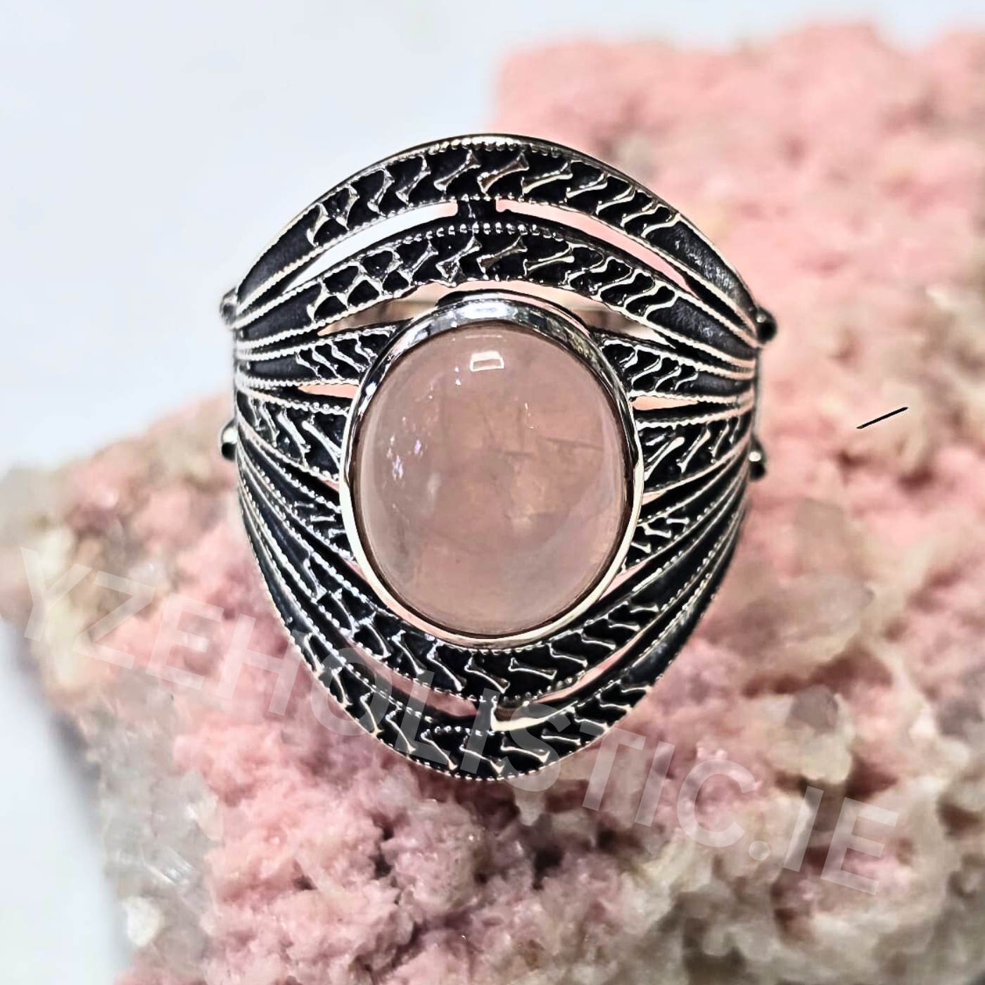 Rose Quartz Ring Natural Stone 925 Sterling Silver Crystal
