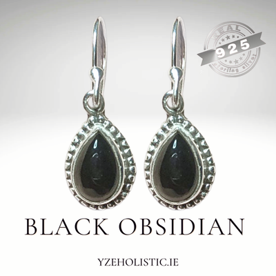 Black Obsidian Stone Earrings 925 Sterling Silver