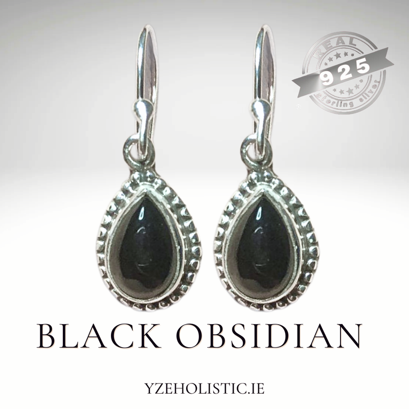 Black Obsidian Stone Earrings 925 Sterling Silver