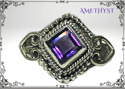 Amethyst Crystal Diamond Square Ring 925 Sterling Silver