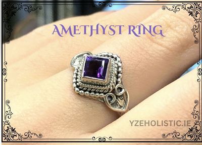 Amethyst Crystal Diamond Square Ring 925 Sterling Silver