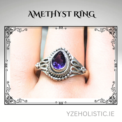 Amethyst Crystal Tear Drop 925 Silver Ring