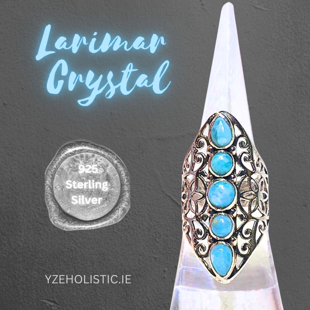 Larimar Crystal Ring - Larimar Gemstone AAA Grade, Genuine Natural 925 Sterling Silver 
