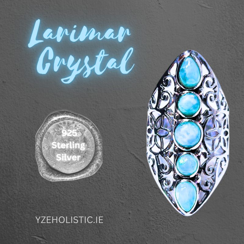 Larimar Crystal Ring - Larimar Gemstone AAA Grade, Genuine Natural 925 Sterling Silver 