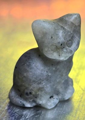 Sitting Cat Stone Carving with Wooden Treasure Box