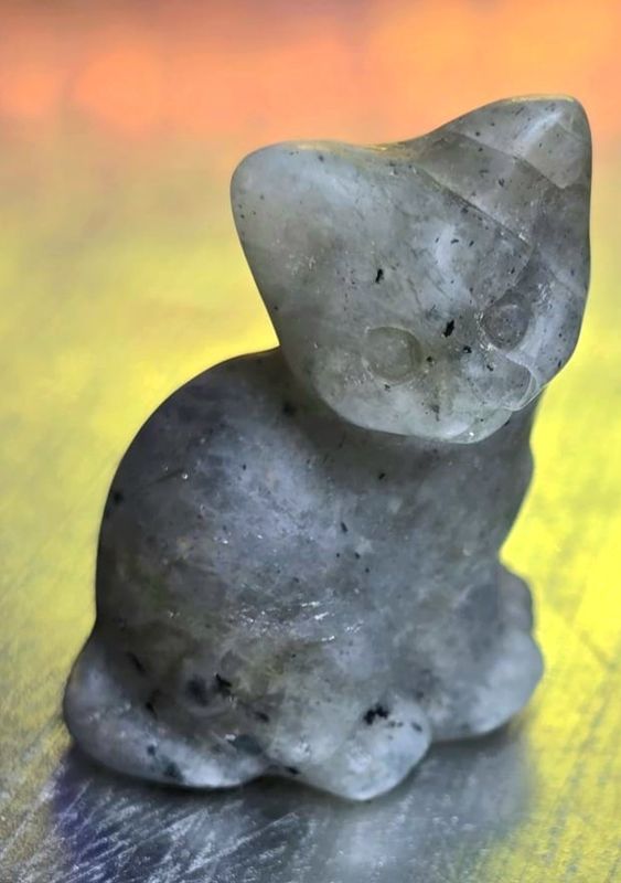 Sitting Cat Stone Carving with Wooden Treasure Box